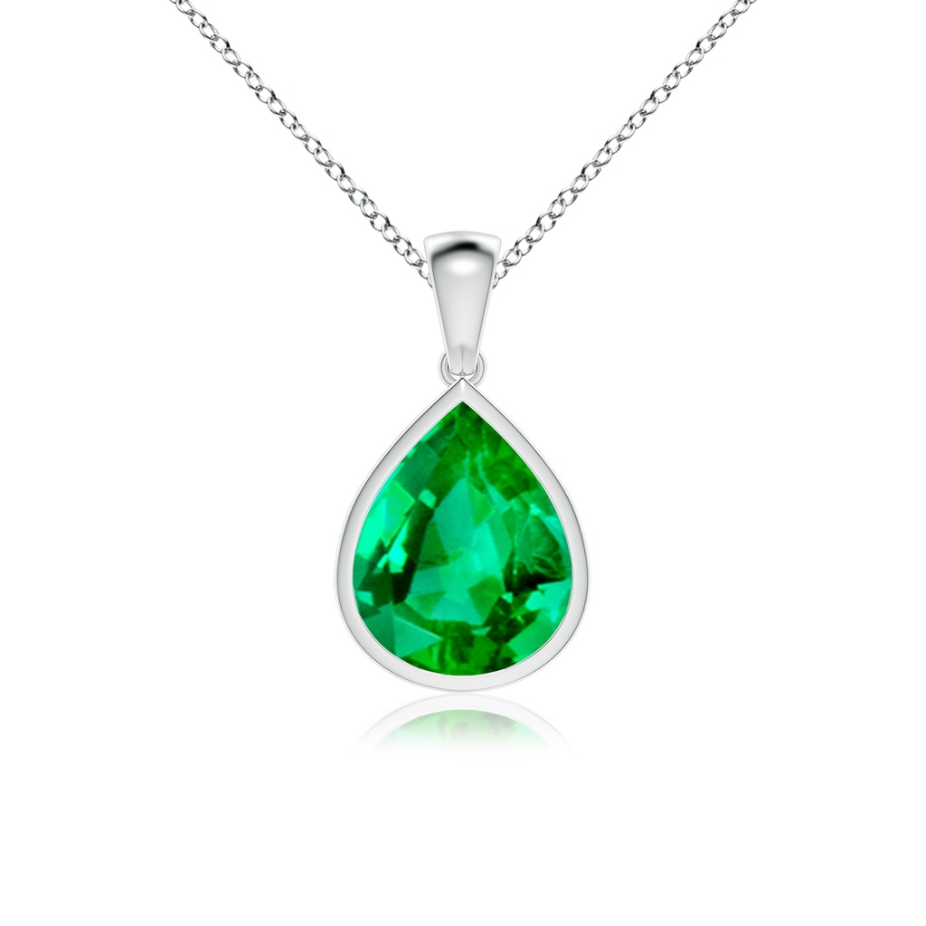12x10mm AAA Bezel-Set Pear Emerald Solitaire Pendant in White Gold