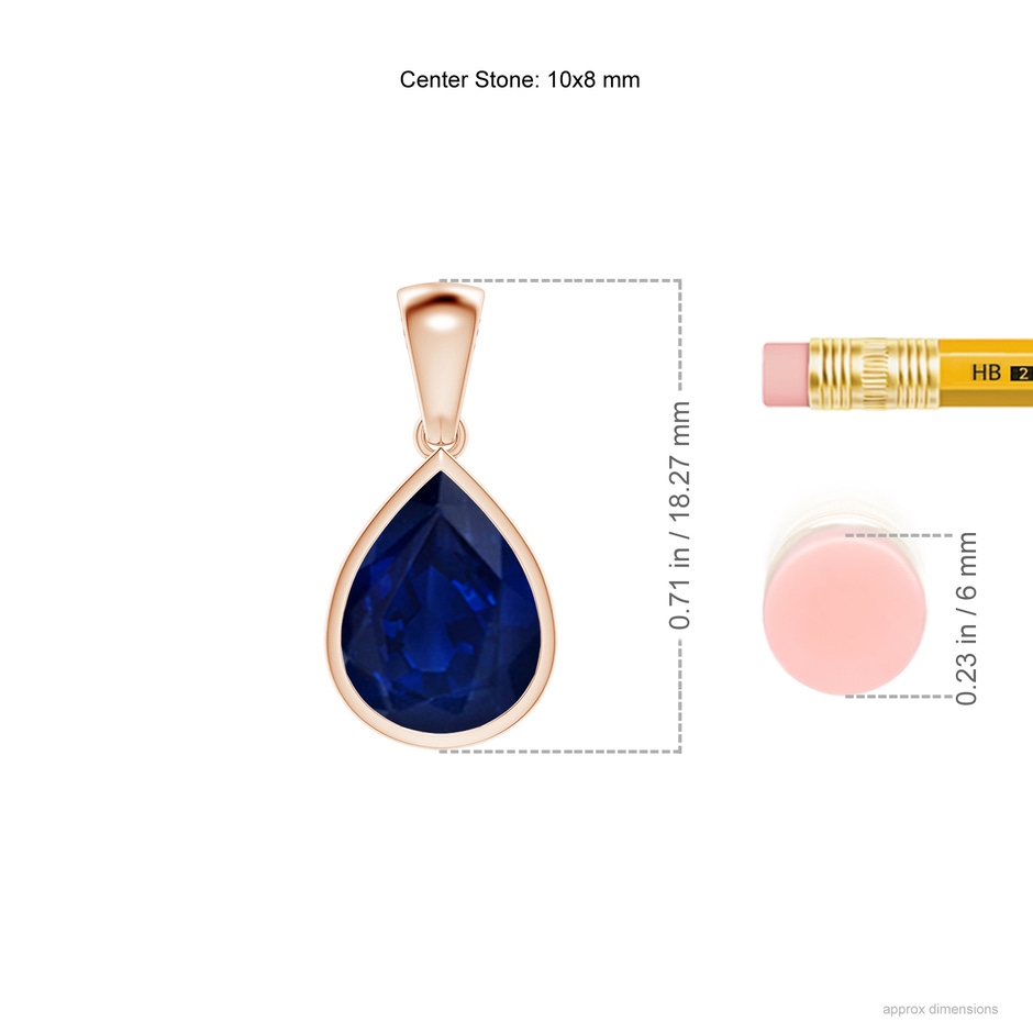 10x8mm AA Bezel-Set Pear Blue Sapphire Solitaire Pendant in Rose Gold ruler