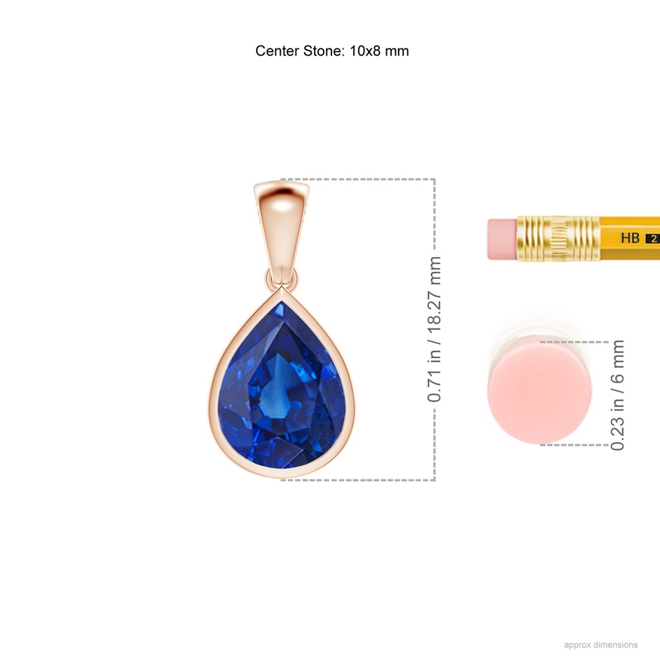 10x8mm AAA Bezel-Set Pear Blue Sapphire Solitaire Pendant in Rose Gold ruler