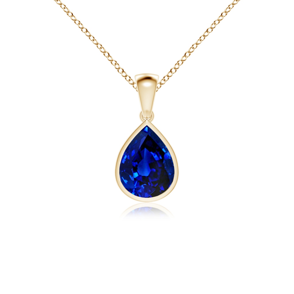 10x8mm Lab-Grown Bezel-Set Pear Blue Sapphire Solitaire Pendant in Yellow Gold