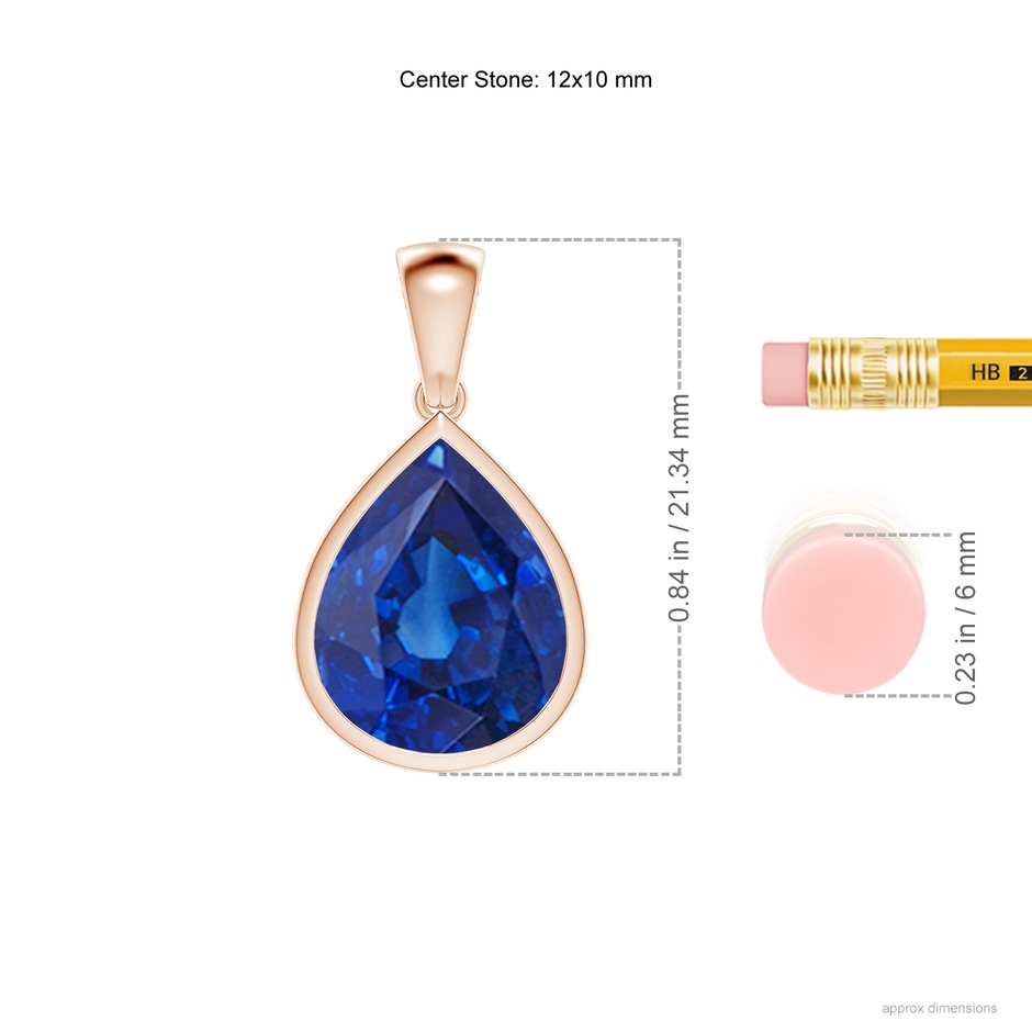 12x10mm AAA Bezel-Set Pear Blue Sapphire Solitaire Pendant in Rose Gold ruler