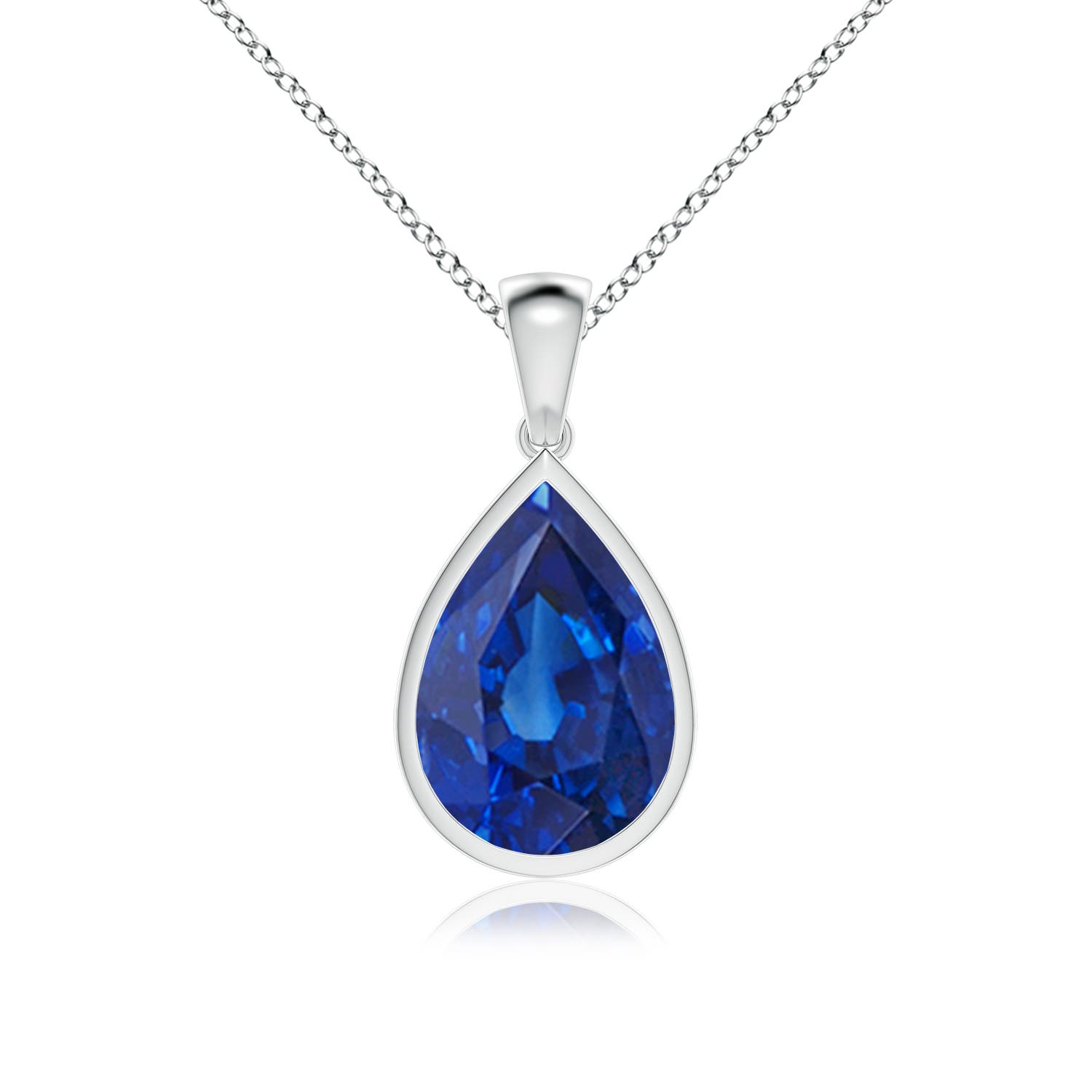 14x10mm AAA Bezel-Set Pear Blue Sapphire Solitaire Pendant in White Gold