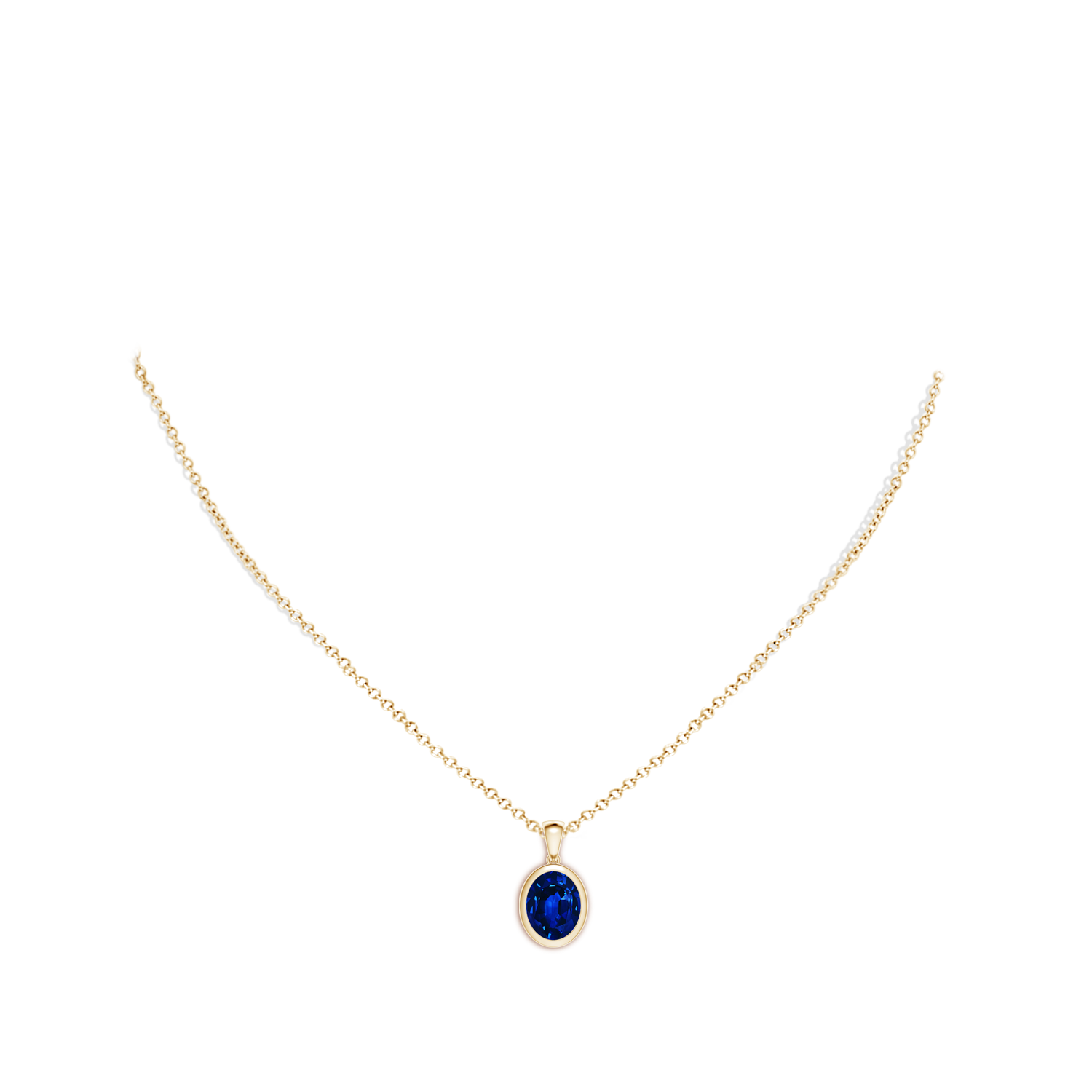 10x8mm AAAA Bezel-Set Oval Blue Sapphire Solitaire Pendant in Yellow Gold - body_neck