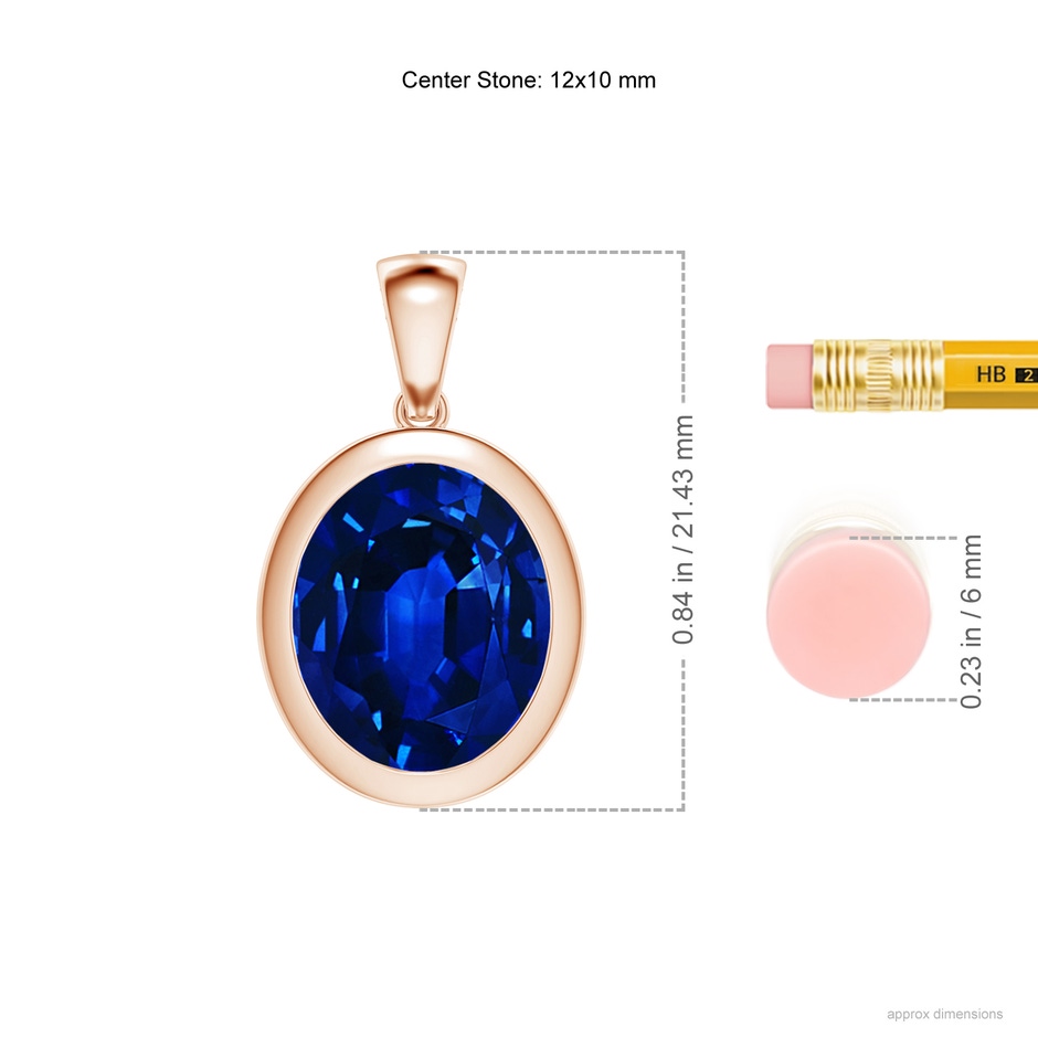12x10mm Lab-Grown Bezel-Set Oval Blue Sapphire Solitaire Pendant in Rose Gold ruler