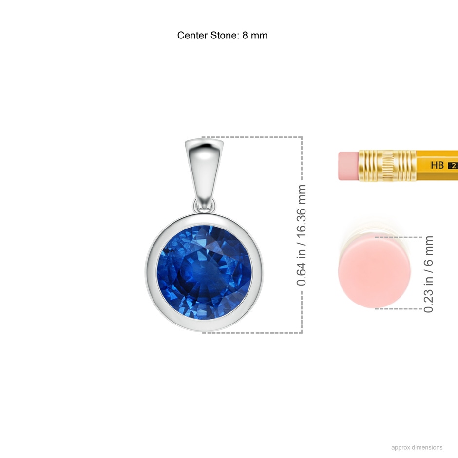 8mm AAA Bezel-Set Round Blue Sapphire Solitaire Pendant in White Gold ruler