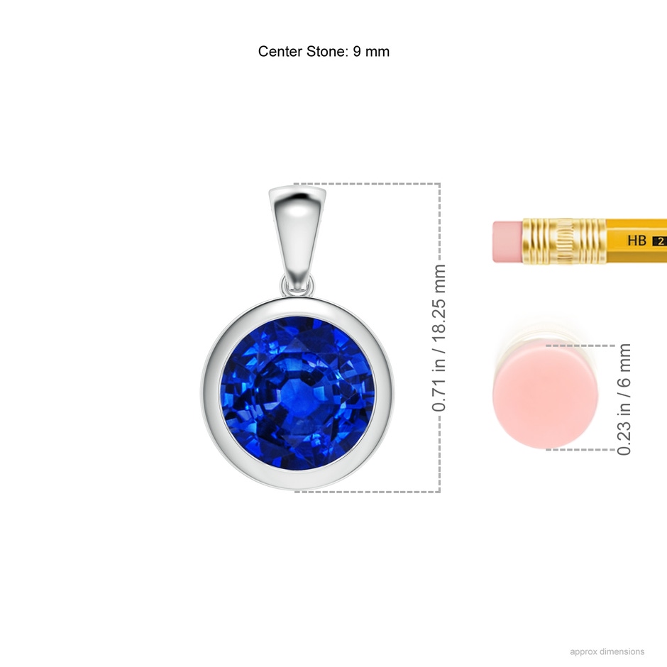 9mm AAAA Bezel-Set Round Blue Sapphire Solitaire Pendant in P950 Platinum ruler