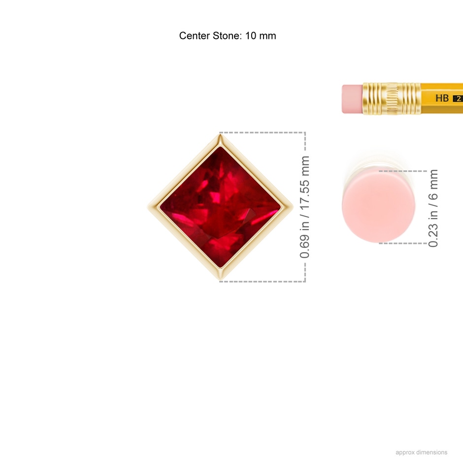 10mm AAAA Bezel-Set Square Ruby Solitaire Pendant in Yellow Gold ruler