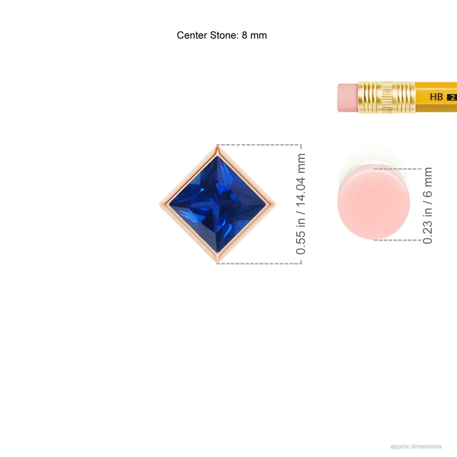 8mm AAAA Bezel-Set Square Blue Sapphire Solitaire Pendant in Rose Gold ruler