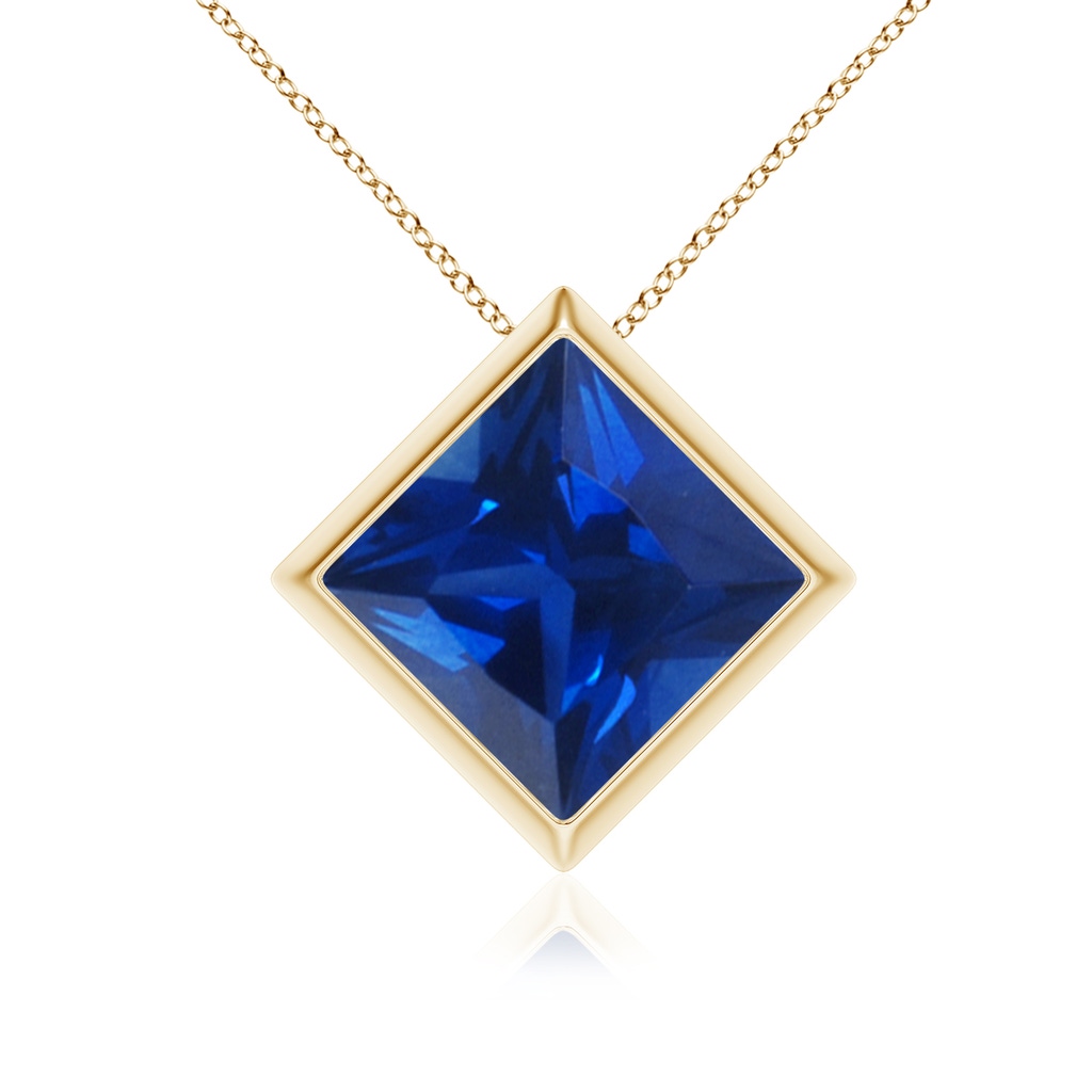 9mm Lab-Grown Bezel-Set Square Blue Sapphire Solitaire Pendant in Yellow Gold