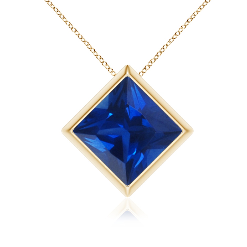 9mm Lab-Grown Bezel-Set Square Blue Sapphire Solitaire Pendant in Yellow Gold 