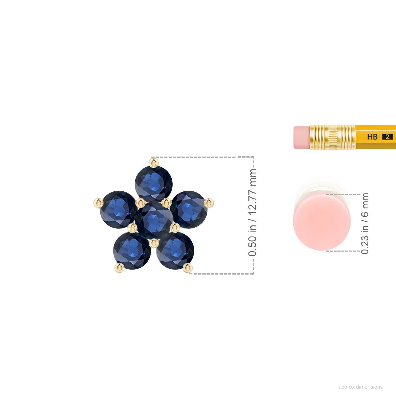 4mm AA Round Blue Sapphire Floral Cluster Pendant in Yellow Gold - ruler