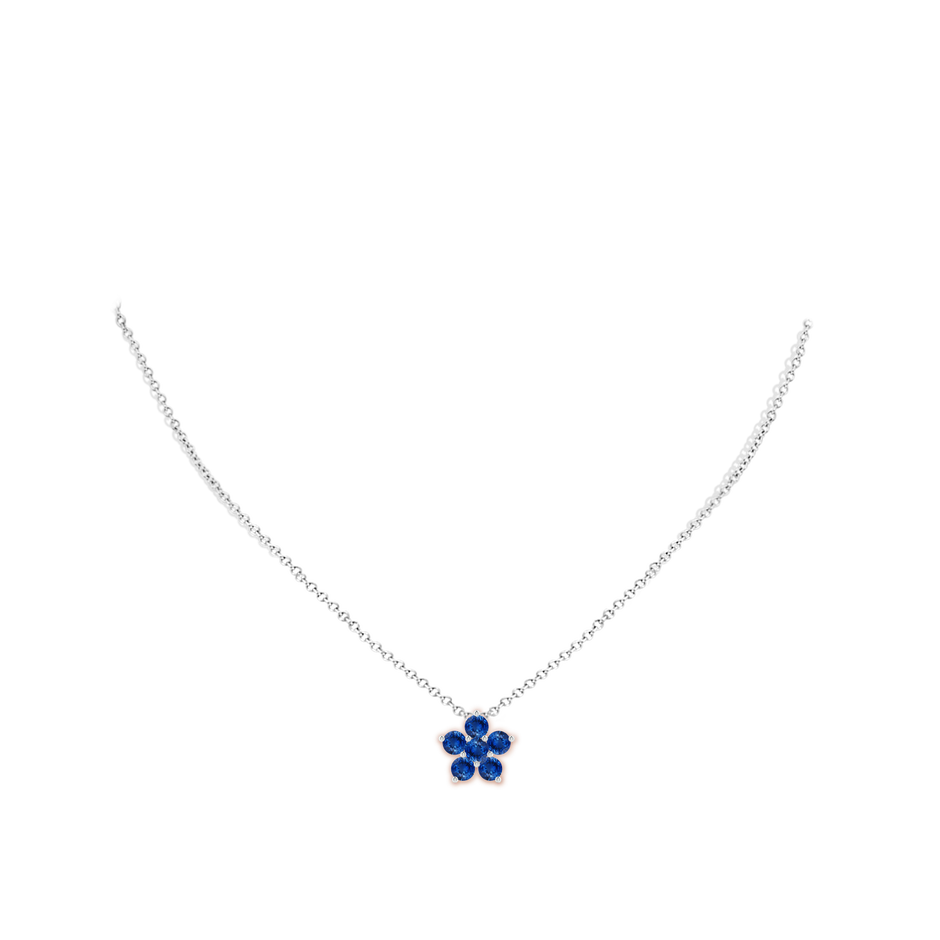 4mm AAA Round Blue Sapphire Floral Cluster Pendant in 18K White Gold pen