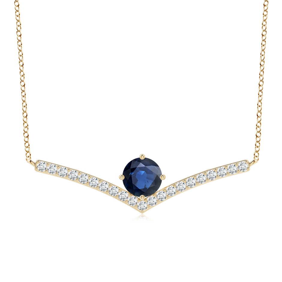 7mm AA Round Blue Sapphire Chevron Necklace with Diamond Accents in Yellow Gold 