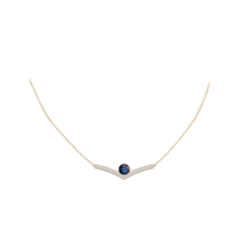 7mm AA Round Blue Sapphire Chevron Necklace with Diamond Accents in Yellow Gold pen