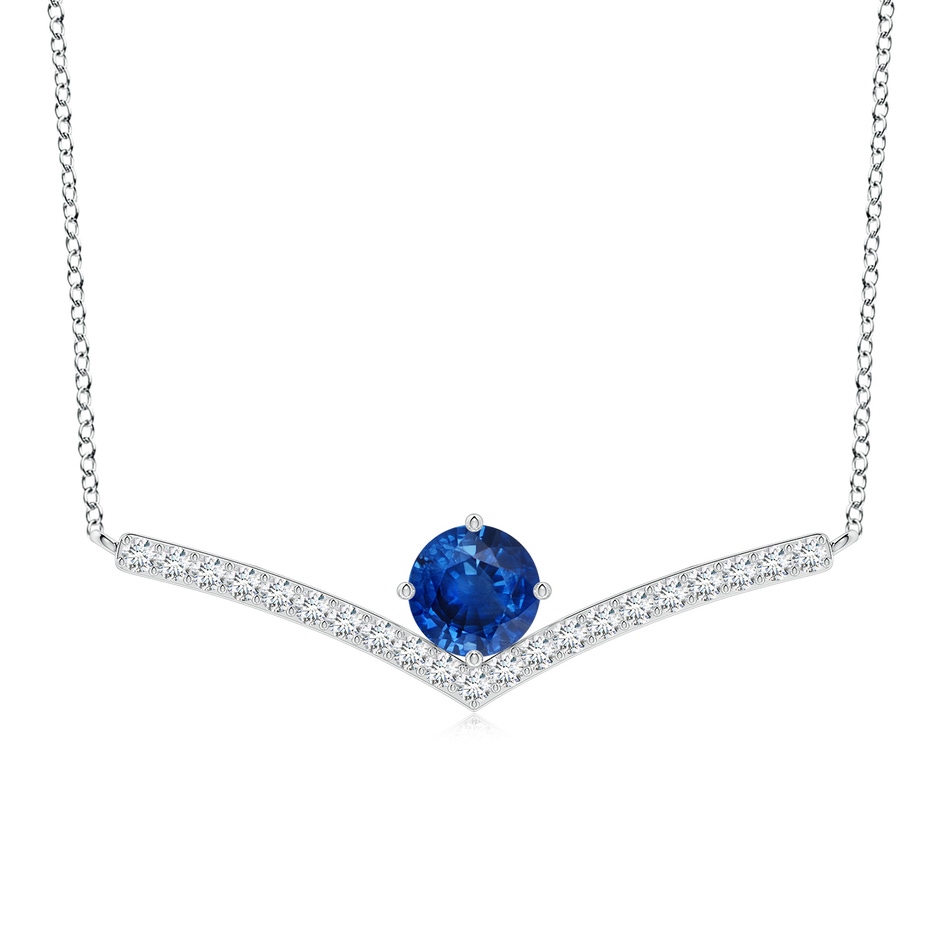 7mm AAA Round Blue Sapphire Chevron Necklace with Diamond Accents in White Gold 