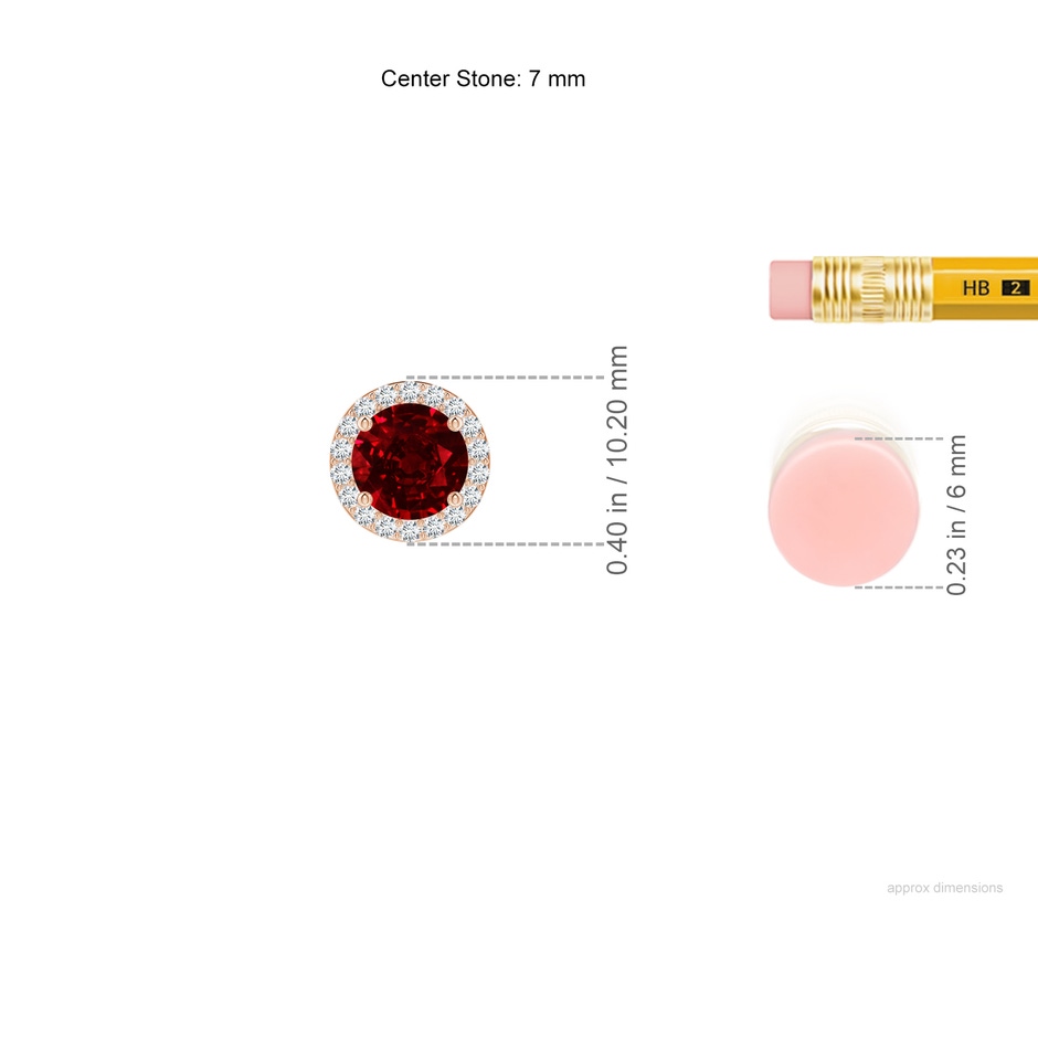 7mm AAAA Vintage Inspired Round Ruby Halo Pendant in Rose Gold ruler