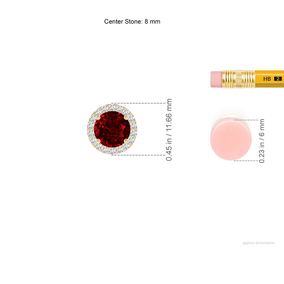 8mm AAAA Vintage Inspired Round Ruby Halo Pendant in Yellow Gold ruler