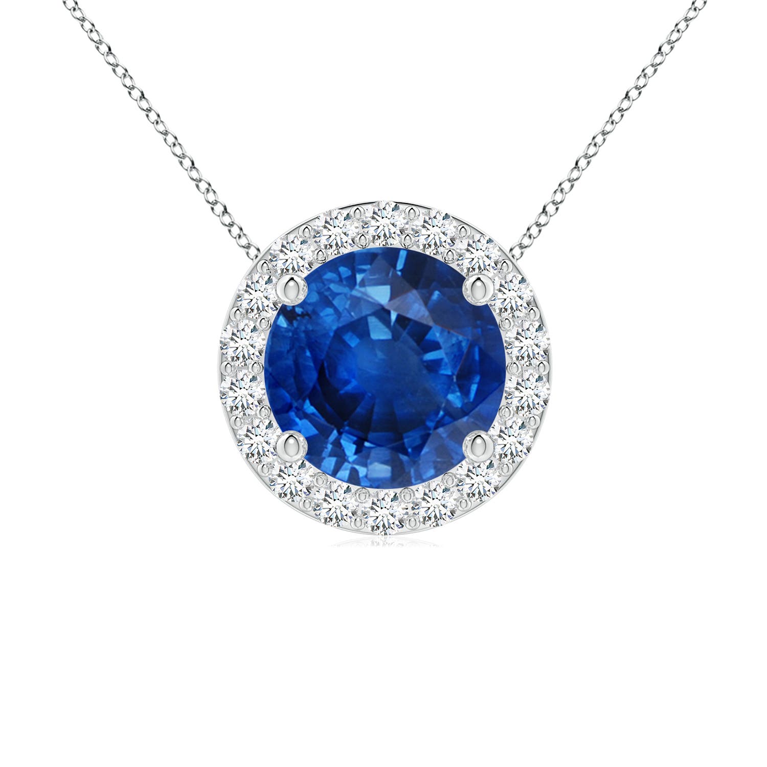 7mm AAA Vintage Inspired Round Blue Sapphire Halo Pendant in 18K White Gold