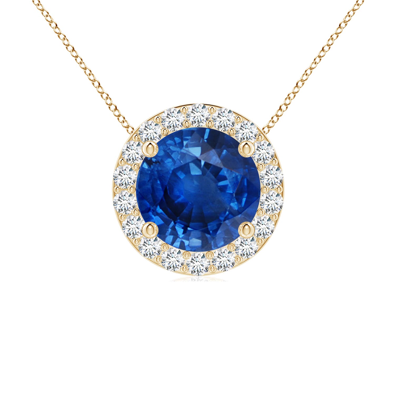 7mm AAA Vintage Inspired Round Blue Sapphire Halo Pendant in Yellow Gold