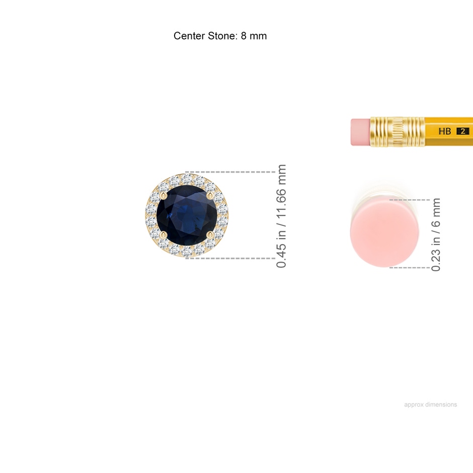 8mm A Vintage Inspired Round Blue Sapphire Halo Pendant in Yellow Gold ruler