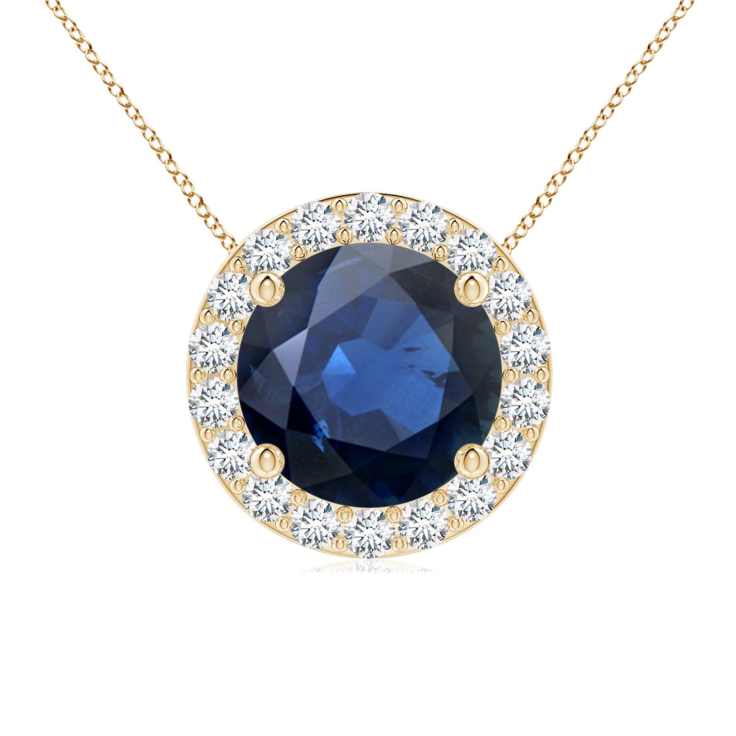 8mm AA Vintage Inspired Round Blue Sapphire Halo Pendant in Yellow Gold
