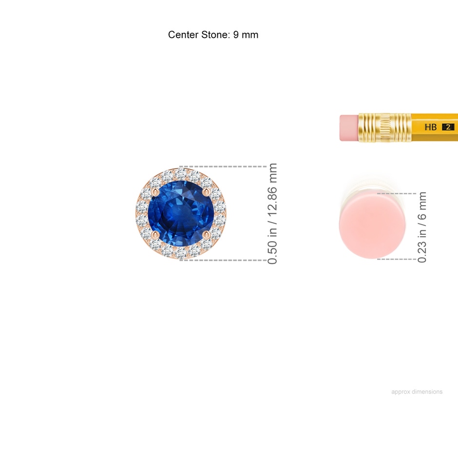 9mm AAA Vintage Inspired Round Blue Sapphire Halo Pendant in Rose Gold ruler