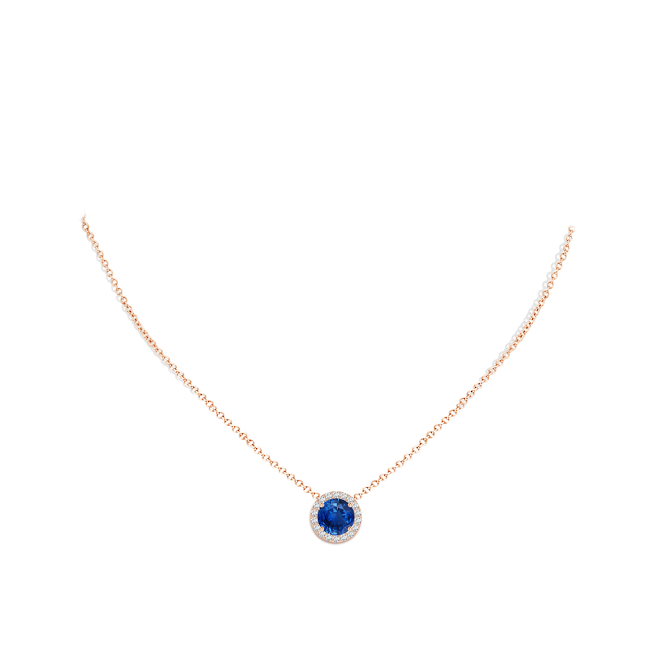9mm AAA Vintage Inspired Round Blue Sapphire Halo Pendant in Rose Gold pen