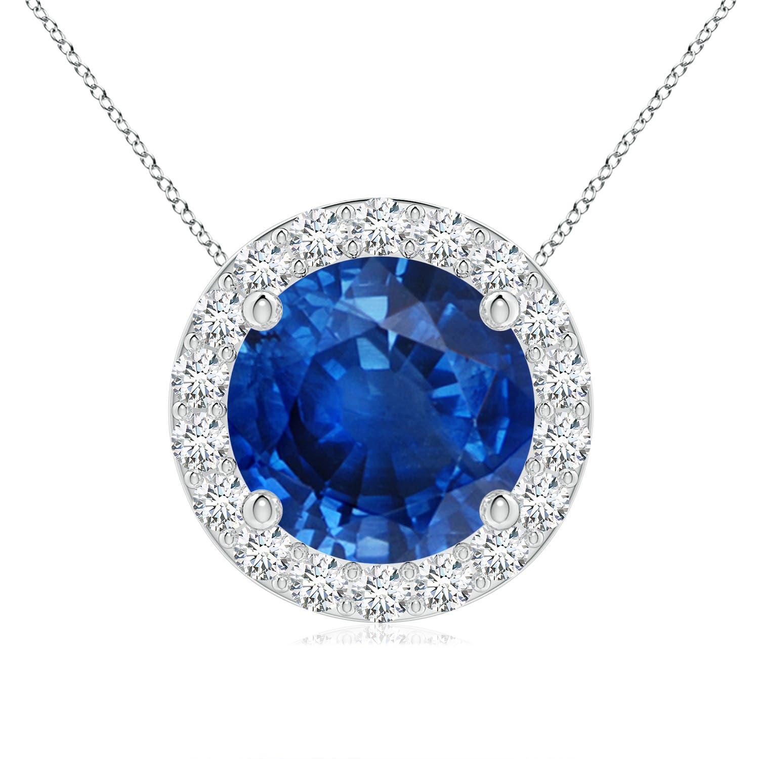 9mm AAA Vintage Inspired Round Blue Sapphire Halo Pendant in White Gold