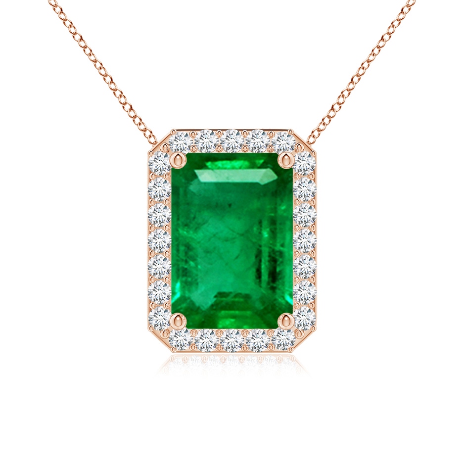 10x8mm AAA Vintage Inspired Emerald-Cut Emerald Halo Pendant in Rose Gold 