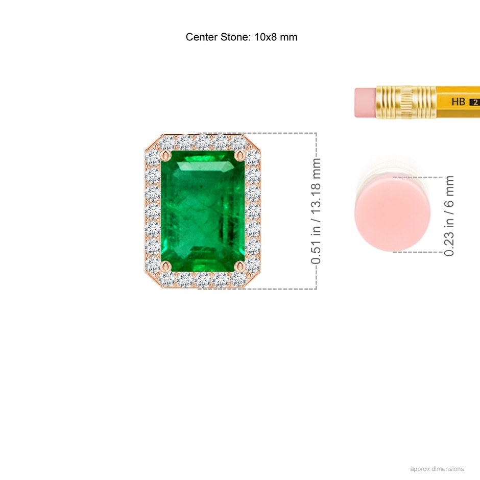 10x8mm AAA Vintage Inspired Emerald-Cut Emerald Halo Pendant in Rose Gold ruler