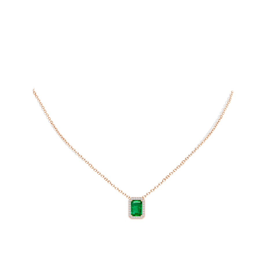 10x8mm AAA Vintage Inspired Emerald-Cut Emerald Halo Pendant in Rose Gold pen
