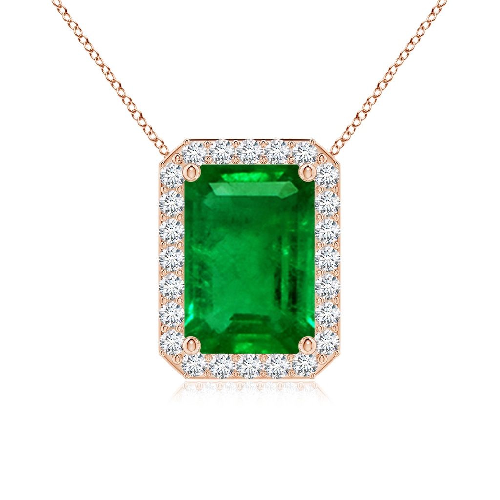 10x8mm AAAA Vintage Inspired Emerald-Cut Emerald Halo Pendant in Rose Gold