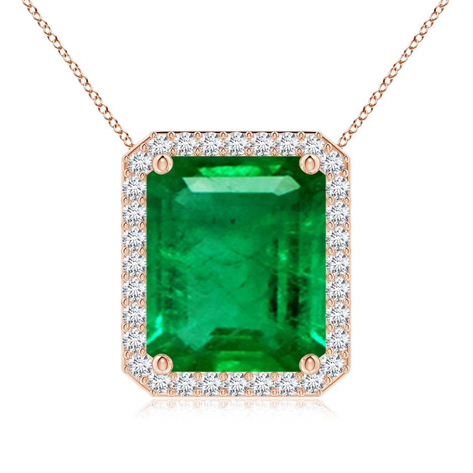 12x10mm AAA Vintage Inspired Emerald-Cut Emerald Halo Pendant in Rose Gold 