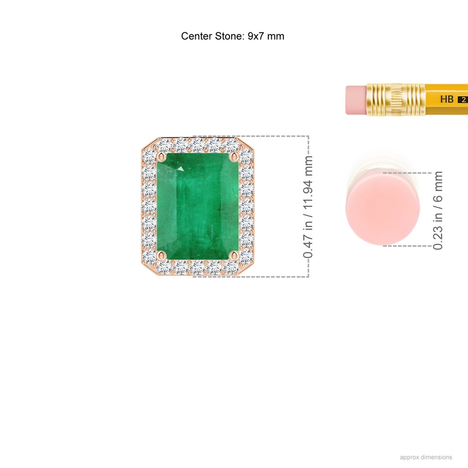 9x7mm A Vintage Inspired Emerald-Cut Emerald Halo Pendant in Rose Gold ruler