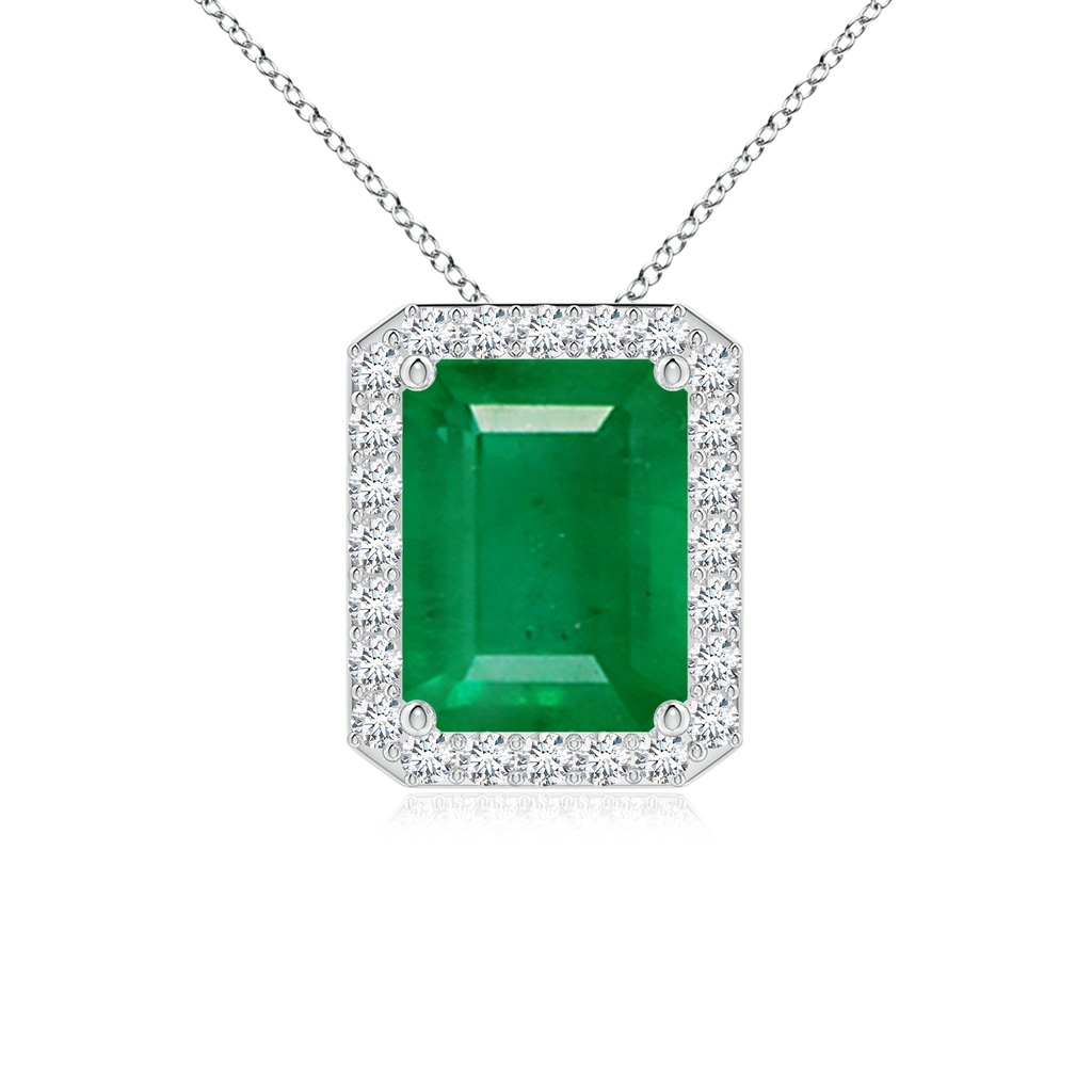 9x7mm AA Vintage Inspired Emerald-Cut Emerald Halo Pendant in White Gold