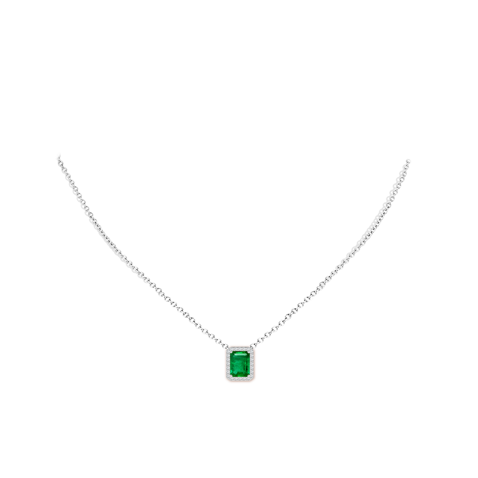 9x7mm AAA Vintage Inspired Emerald-Cut Emerald Halo Pendant in White Gold pen