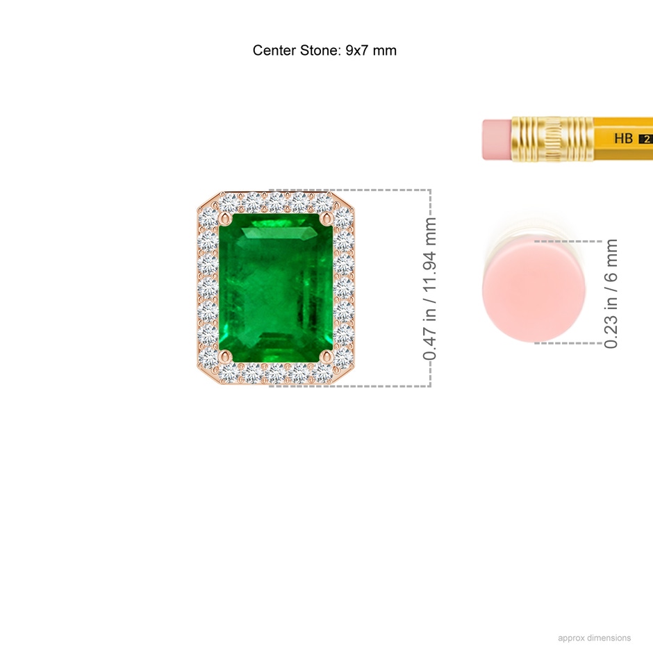 9x7mm AAAA Vintage Inspired Emerald-Cut Emerald Halo Pendant in Rose Gold ruler