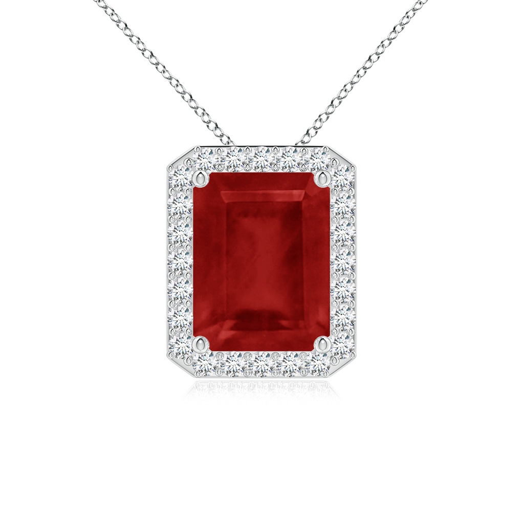 9x7mm AA Vintage Inspired Emerald-Cut Ruby Halo Pendant in White Gold