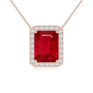 9x7mm AAA Vintage Inspired Emerald-Cut Ruby Halo Pendant in Rose Gold