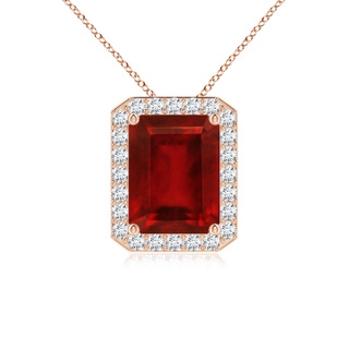 9x7mm AAAA Vintage Inspired Emerald-Cut Ruby Halo Pendant in Rose Gold