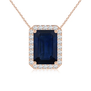 10x8mm AA Vintage Inspired Emerald-Cut Blue Sapphire Halo Pendant in Rose Gold