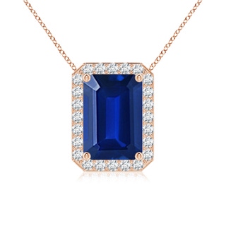 10x8mm AAAA Vintage Inspired Emerald-Cut Blue Sapphire Halo Pendant in 18K Rose Gold