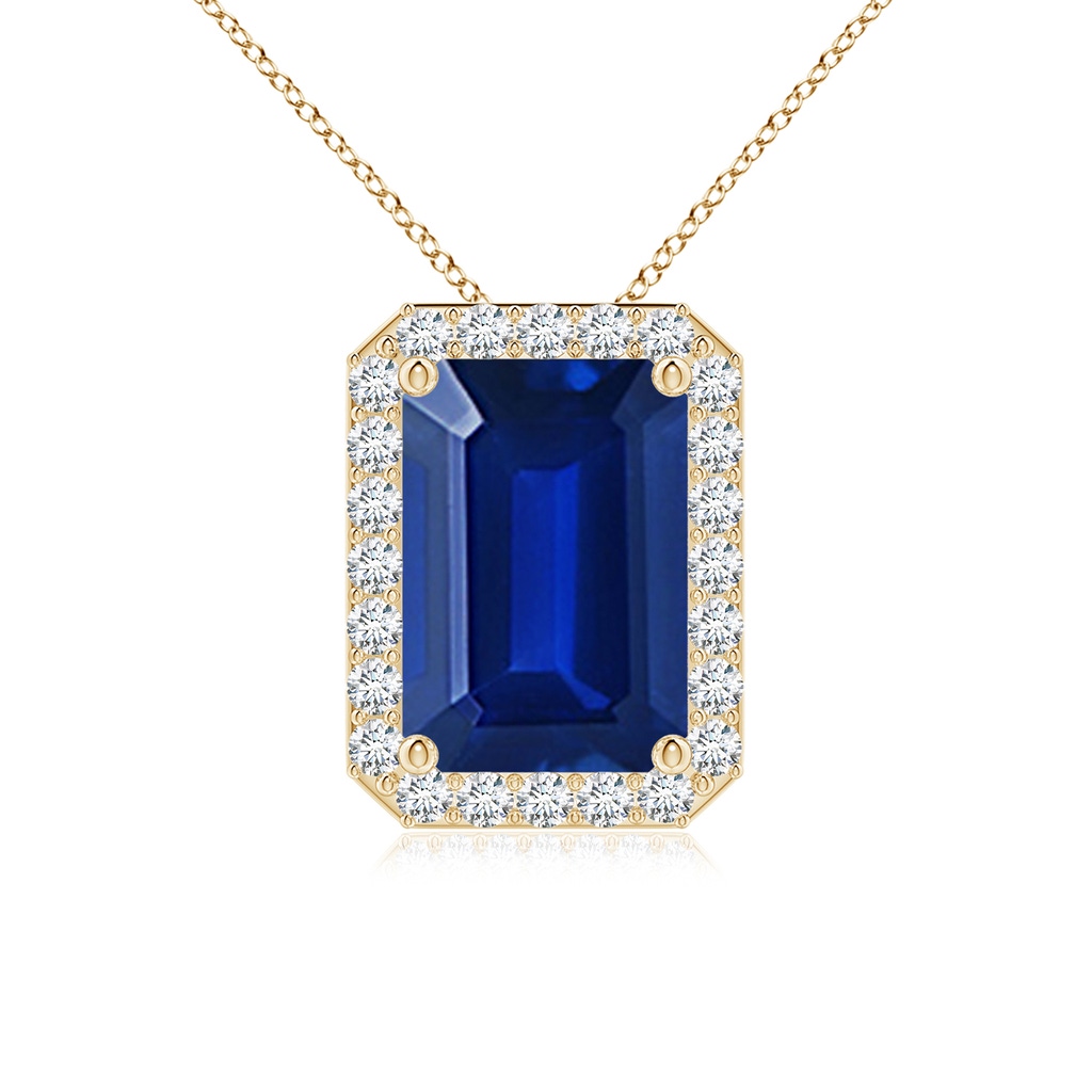 10x8mm Lab-Grown Vintage Inspired Emerald-Cut Blue Sapphire Halo Pendant in Yellow Gold