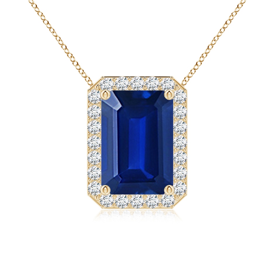 10x8mm Lab-Grown Vintage Inspired Emerald-Cut Blue Sapphire Halo Pendant in Yellow Gold 