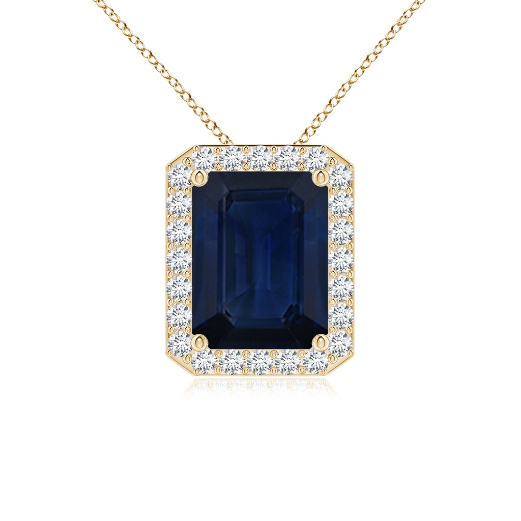 9x7mm AA Vintage Inspired Emerald-Cut Blue Sapphire Halo Pendant in Yellow Gold