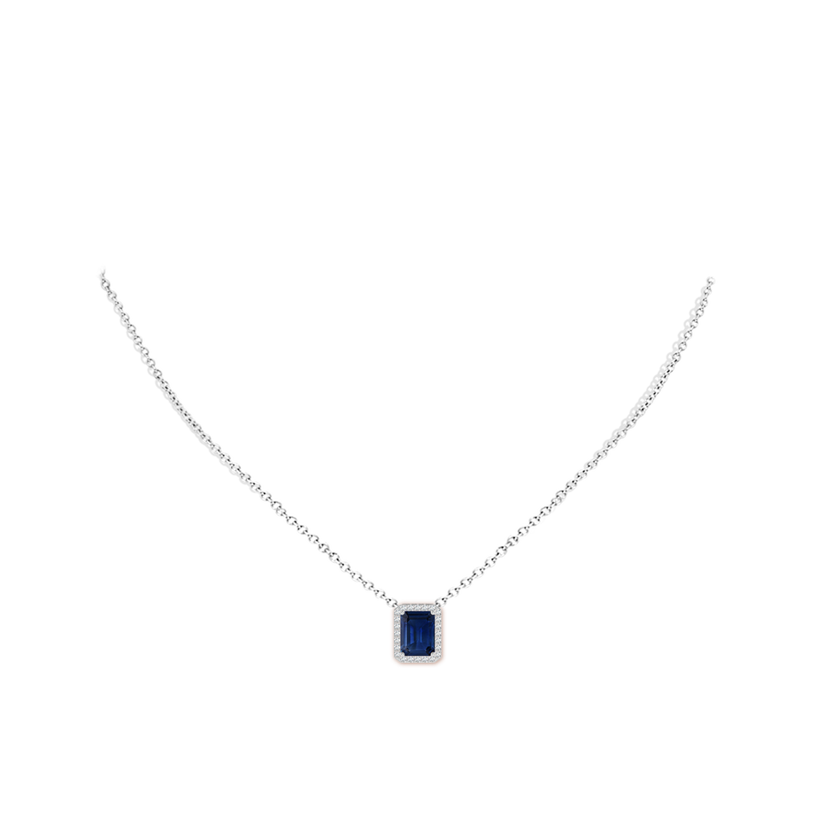 9x7mm AAA Vintage Inspired Emerald-Cut Blue Sapphire Halo Pendant in White Gold pen