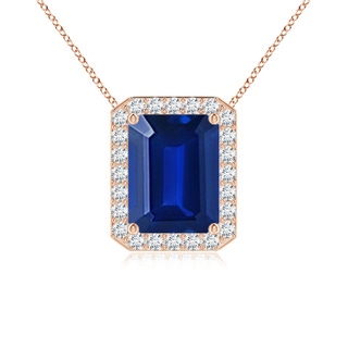 9x7mm AAAA Vintage Inspired Emerald-Cut Blue Sapphire Halo Pendant in 18K Rose Gold