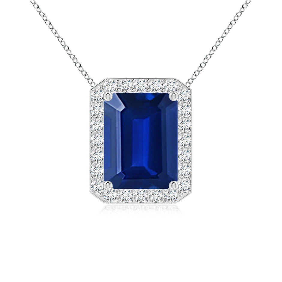 9x7mm Lab-Grown Vintage Inspired Emerald-Cut Blue Sapphire Halo Pendant in 18K White Gold 