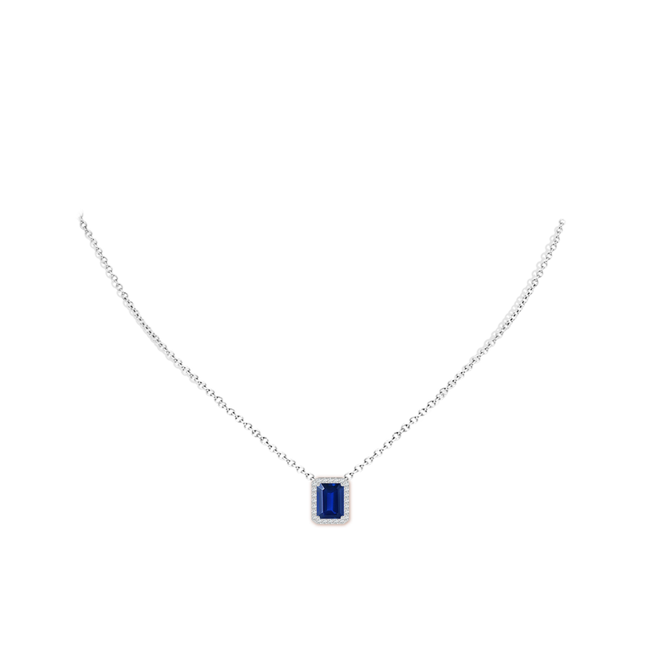 9x7mm Lab-Grown Vintage Inspired Emerald-Cut Blue Sapphire Halo Pendant in 18K White Gold pen