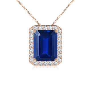 9x7mm AAAA Vintage Inspired Emerald-Cut Blue Sapphire Halo Pendant in Rose Gold